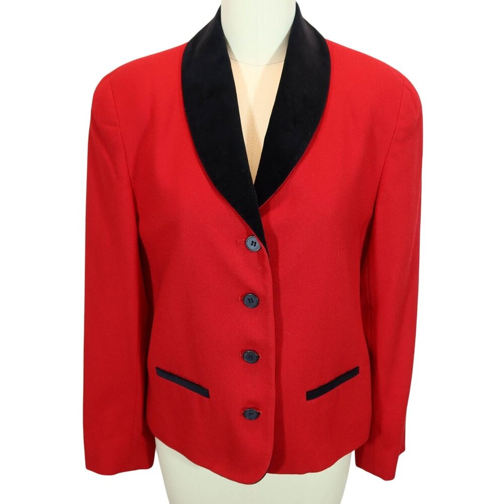 Vintage 80s Velvet Trim 100% Wool Blazer Jacket Size 8P Red Evan Picone Holiday